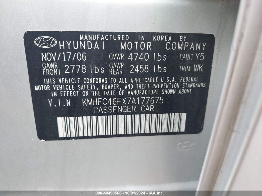 2007 Hyundai Azera Limited/Se VIN: KMHFC46FX7A177675 Lot: 40490565