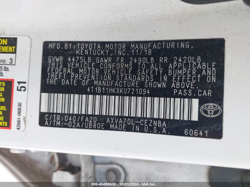 4T1B11HKXKU721094 2019 Toyota Camry Le