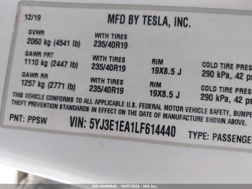 5YJ3E1EA1LF614440 2020 Tesla Model 3