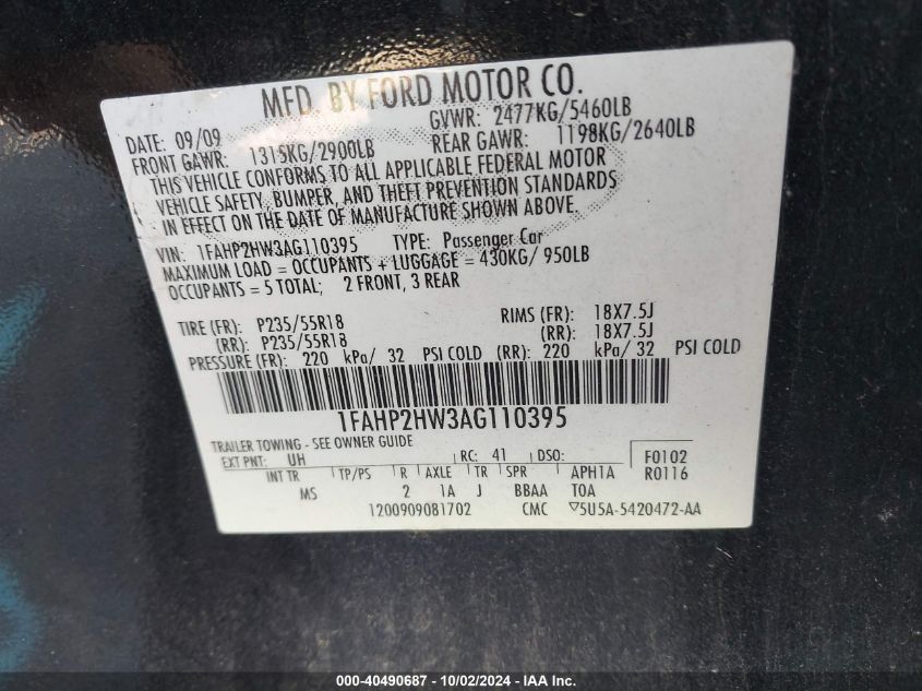 2010 Ford Taurus Sel VIN: 1FAHP2HW3AG110395 Lot: 40490687