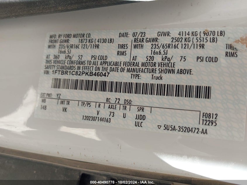 VIN 1FTBR1C82PKB46047 2023 FORD TRANSIT-250 CARGO VAN