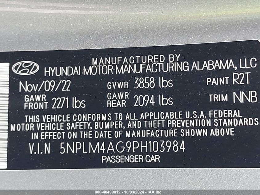 2023 Hyundai Elantra Sel VIN: 5NPLM4AG9PH103984 Lot: 40490812