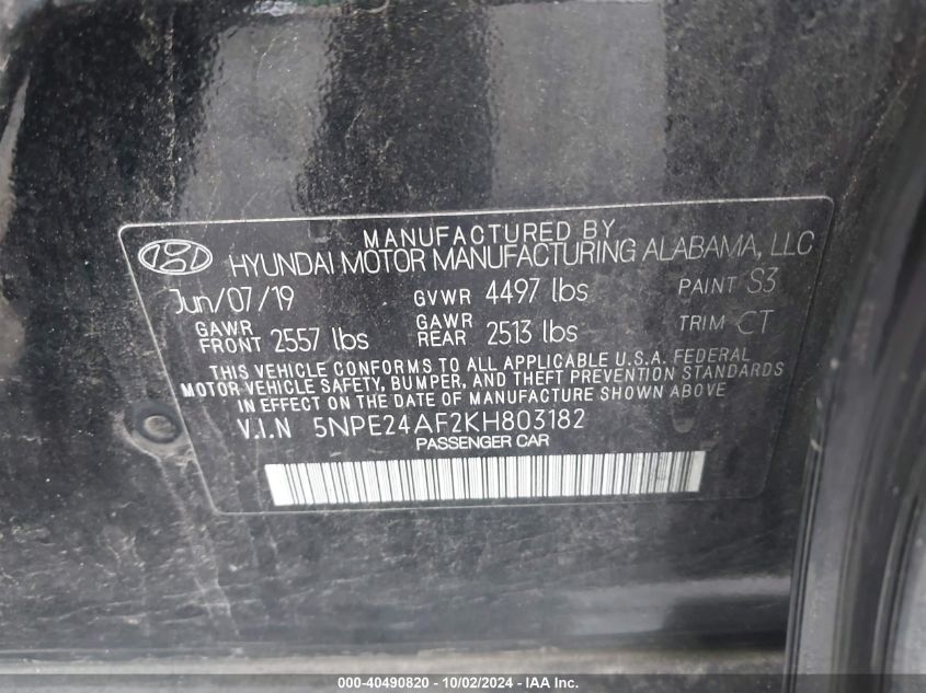 5NPE24AF2KH803182 2019 Hyundai Sonata Se