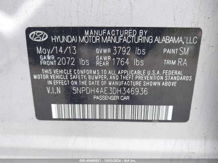 5NPDH4AE3DH346936 2013 Hyundai Elantra Gls