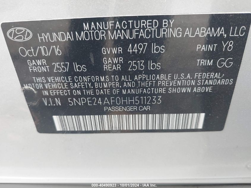 5NPE24AF0HH511233 2017 Hyundai Sonata