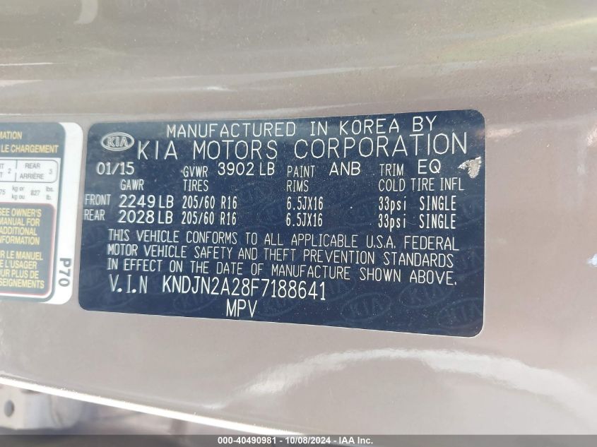 2015 Kia Soul VIN: KNDJN2A28F7188641 Lot: 40490981