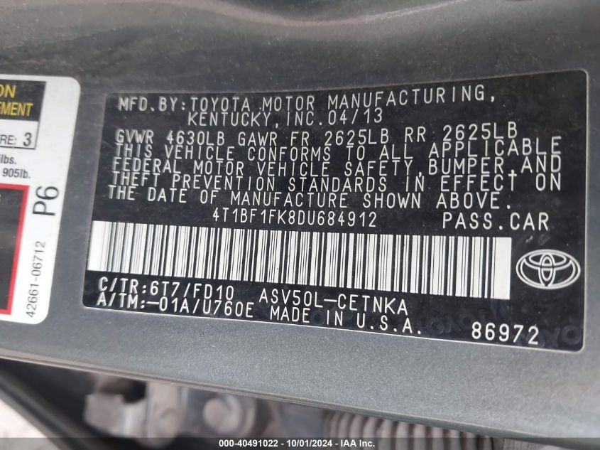 4T1BF1FK8DU684912 2013 Toyota Camry Le