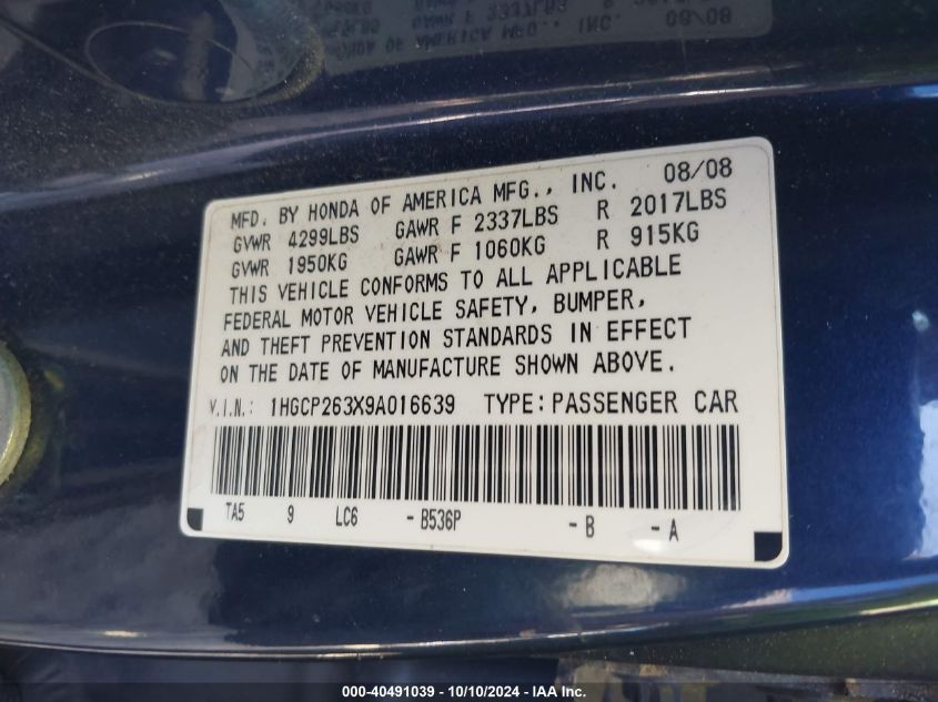 1HGCP263X9A016639 2009 Honda Accord 2.4 Lx