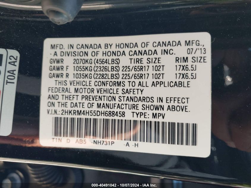 2HKRM4H55DH688458 2013 Honda Cr-V Ex