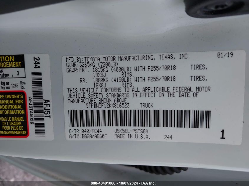 5TFDW5F12KX816523 2019 Toyota Tundra Sr5 5.7L V8