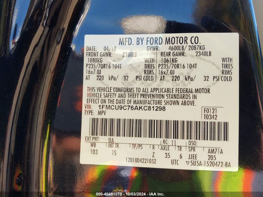 1FMCU9C76ACK81298 2010 Ford Escape Xls