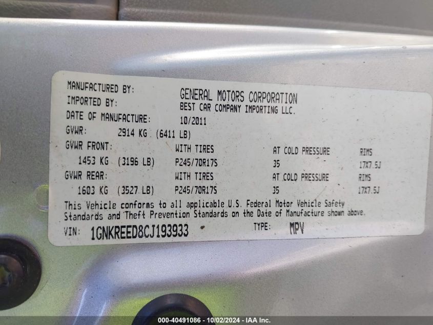 1GNKREED8CJ193933 2012 Chevrolet Traverse Ls