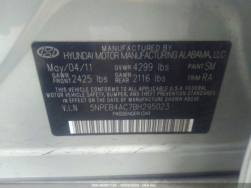 5NPEB4AC7BH295023 2011 Hyundai Sonata Gls