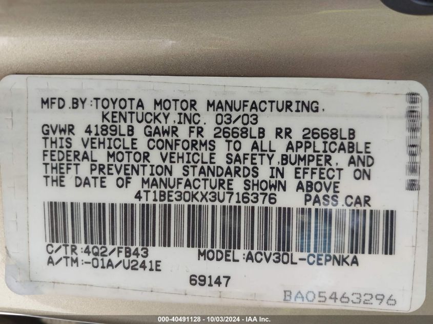 4T1BE30KX3U716376 2003 Toyota Camry Le