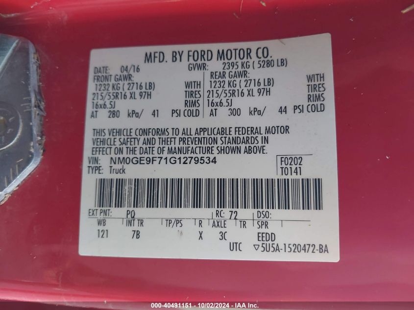 NM0GE9F71G1279534 2016 Ford Transit Connect Xlt