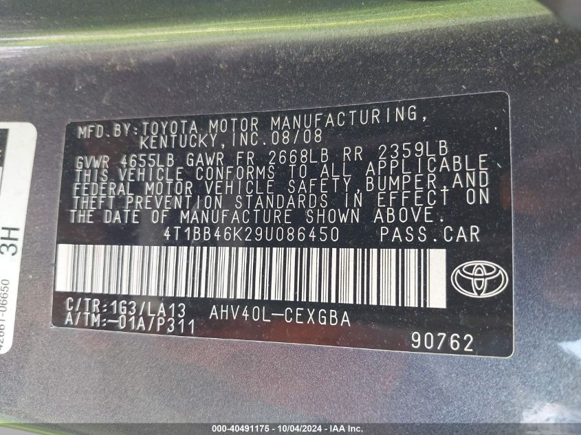 4T1BB46K29U086450 2009 Toyota Camry Hybrid