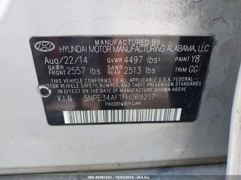 2015 Hyundai Sonata Limited VIN: 5NPE34AF1FH069217 Lot: 40491203