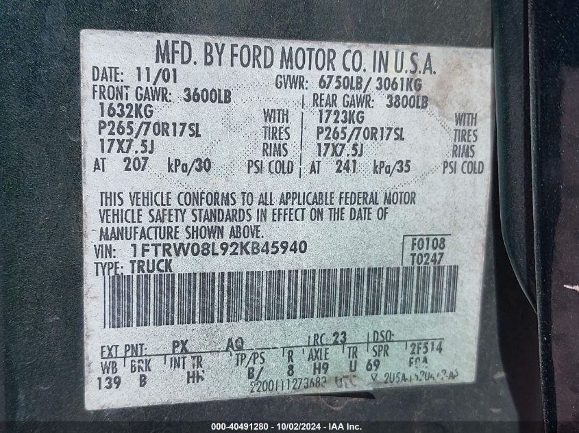 1FTRW08L92KB45940 2002 Ford F-150 Lariat/Xlt