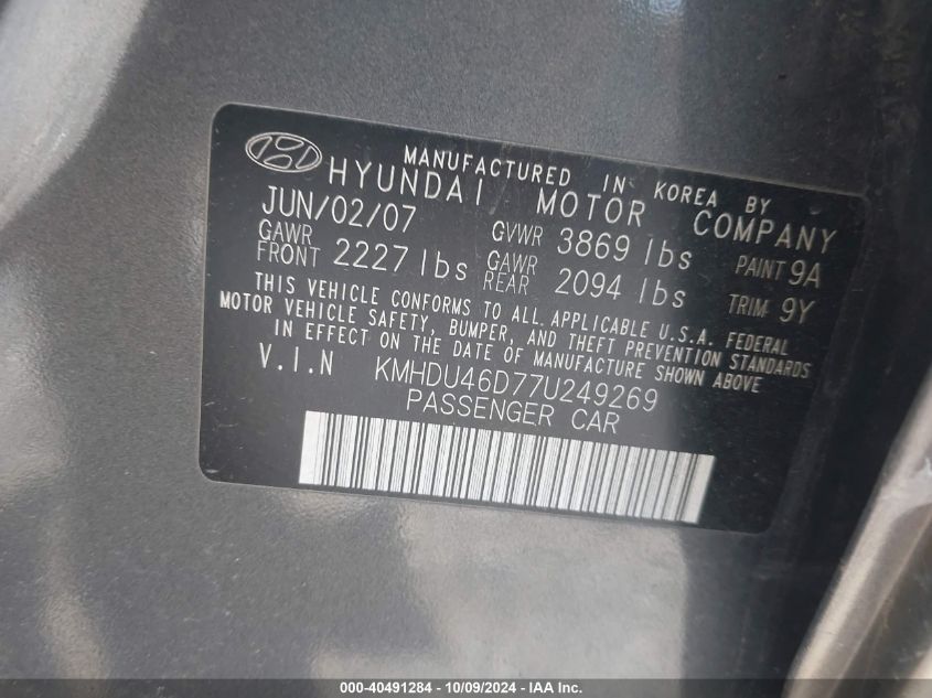 KMHDU46D77U249269 2007 Hyundai Elantra Gls/Se/Limited