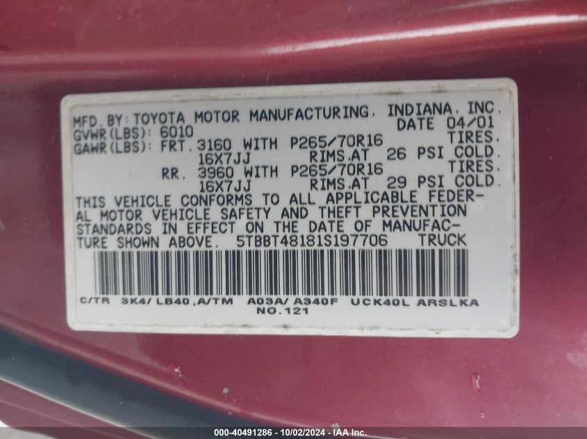 2001 Toyota Tundra Ltd V8 VIN: 5TBBT48181S197706 Lot: 40491286