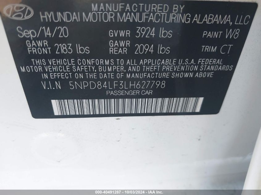 2020 Hyundai Elantra Sel VIN: 5NPD84LF3LH627798 Lot: 40491287