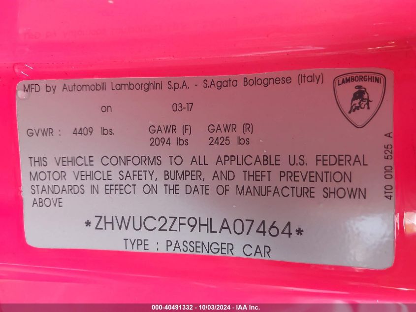 2017 Lamborghini Huracan Lp580-2 VIN: ZHWUC2ZF9HLA07464 Lot: 40491332