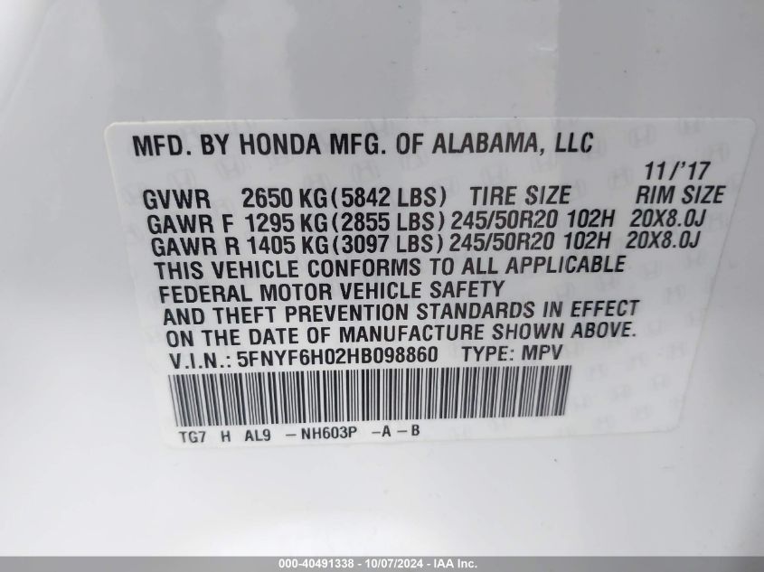 5FNYF6H02HB098860 2017 Honda Pilot Elite