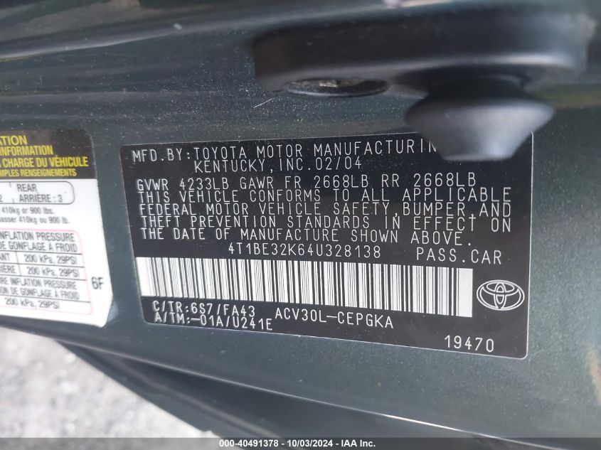 4T1BE32K64U328138 2004 Toyota Camry Xle