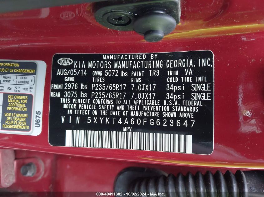 5XYKT4A60FG623647 2015 Kia Sorento Lx