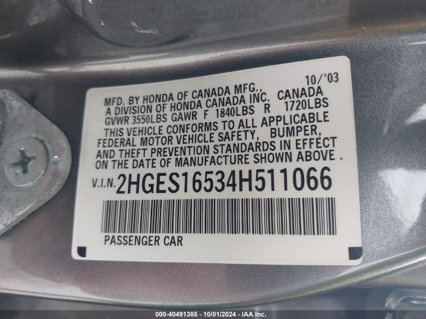 2004 Honda Civic Lx VIN: 2HGES16534H511066 Lot: 40491385