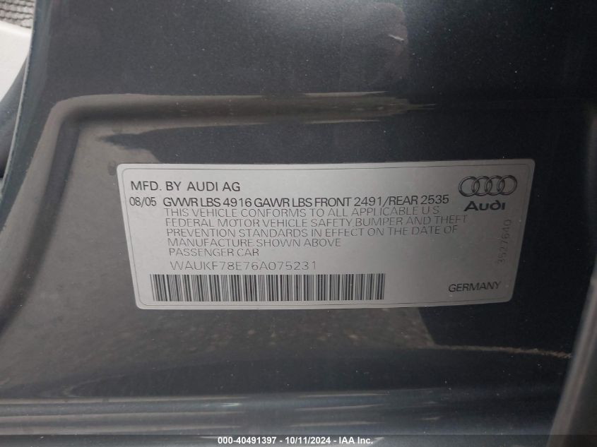 2006 Audi A4 2.0T Avant Quattro VIN: WAUKF78E76A075231 Lot: 40491397