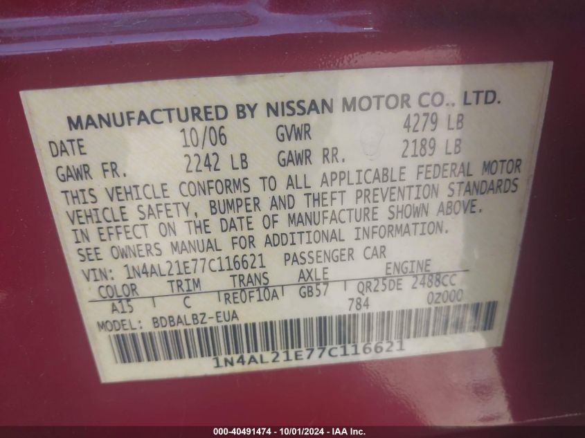 1N4AL21E77C116621 2007 Nissan Altima 2.5 S