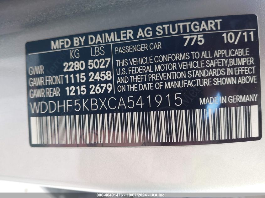 2012 Mercedes-Benz E 350 VIN: WDDHF5KBXCA541915 Lot: 40491476