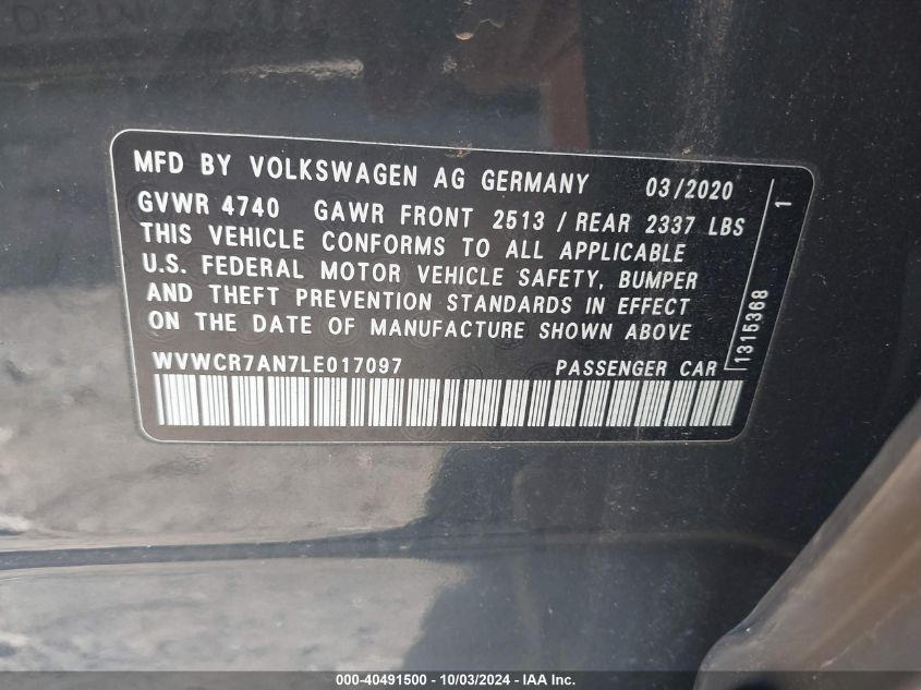 WVWCR7AN7LE017097 2020 Volkswagen Arteon 2.0T Sel