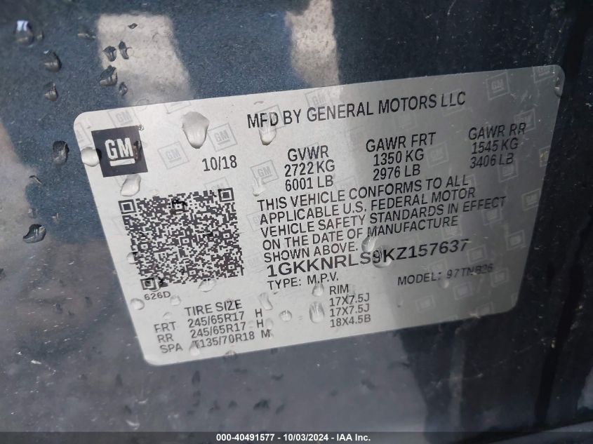 1GKKNRLS9KZ157637 2019 GMC Acadia Sle-1