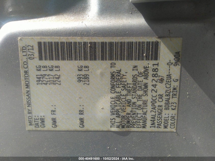 1N4AL2AP0CC242881 2012 Nissan Altima 2.5 S