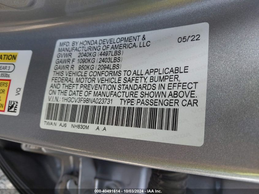 1HGCV3F98NA023731 2022 Honda Accord Hybrid Touring