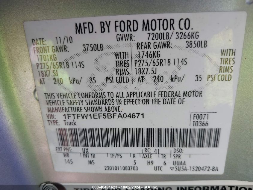 1FTFW1EF5BFA04671 2011 Ford F-150 Xlt