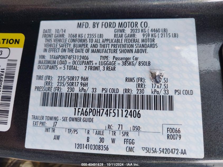 2015 Ford Fusion Se VIN: 1FA6P0H74F5112406 Lot: 40491639