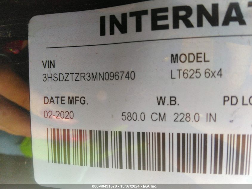 2021 International Lt VIN: 3HSDZTZR3MN096740 Lot: 40491670