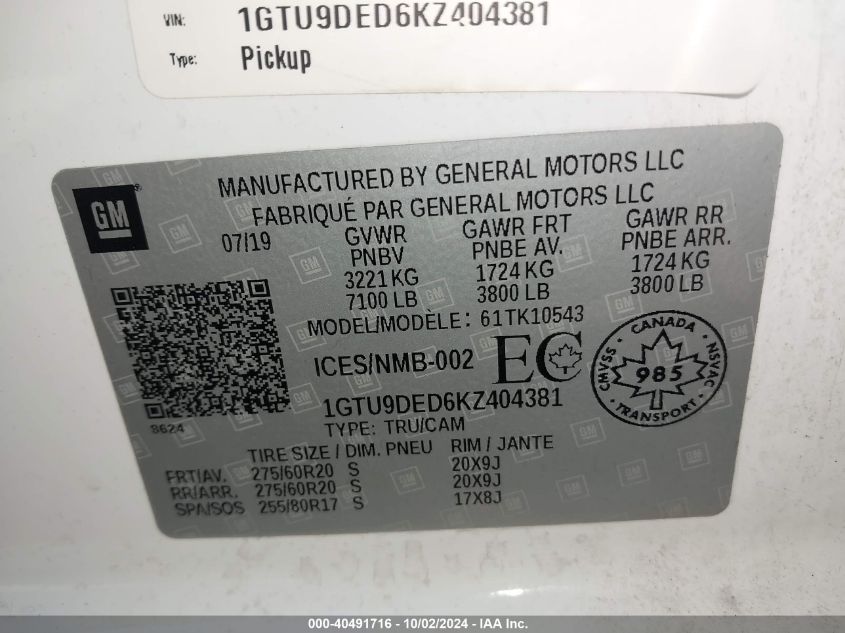 1GTU9DED6KZ404381 2019 GMC Sierra K1500 Slt