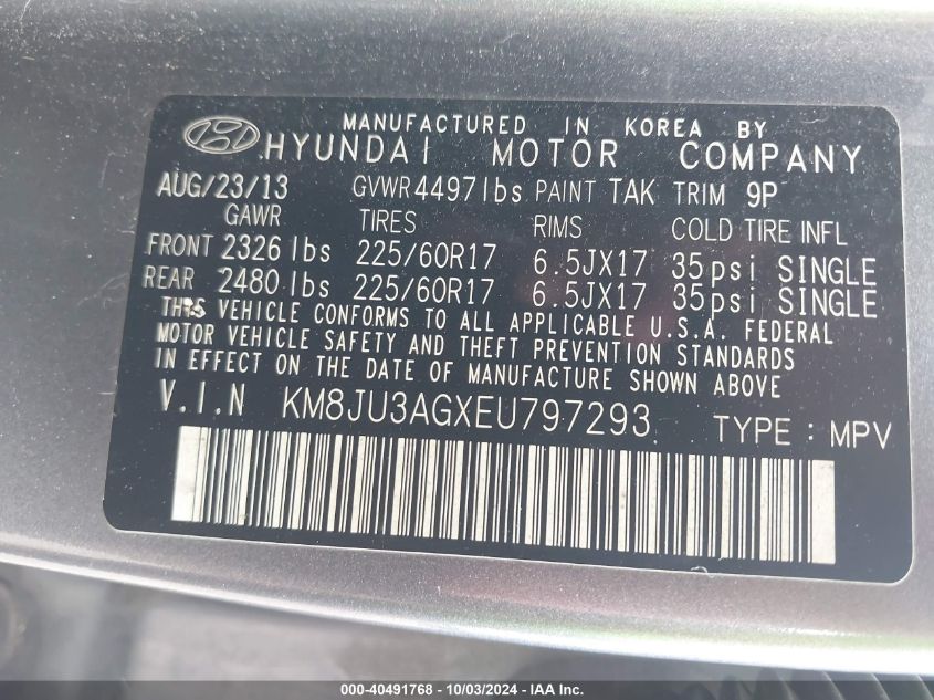 2014 Hyundai Tucson Se VIN: KM8JU3AGXEU797293 Lot: 40491768