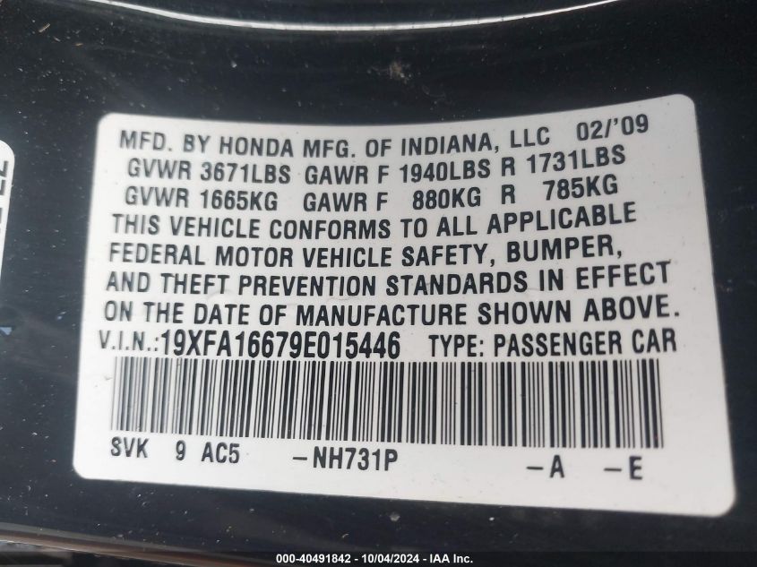 19XFA16679E015446 2009 Honda Civic Lx-S