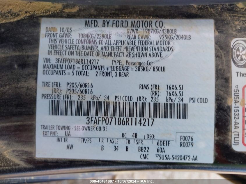 2006 Ford Fusion Se VIN: 3FAFP07186R114217 Lot: 40491887