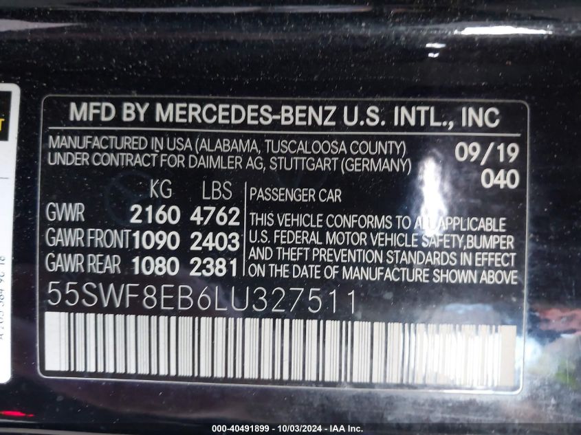 2020 Mercedes-Benz C 300 4Matic VIN: 55SWF8EB6LU327511 Lot: 40491899