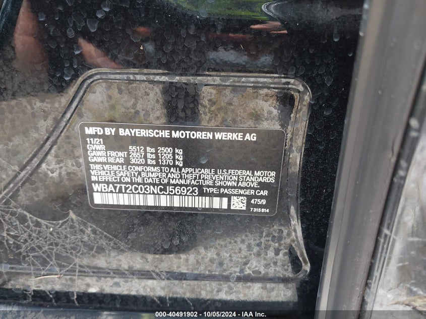 VIN WBA7T2C03NCJ56923 2022 BMW 740 I