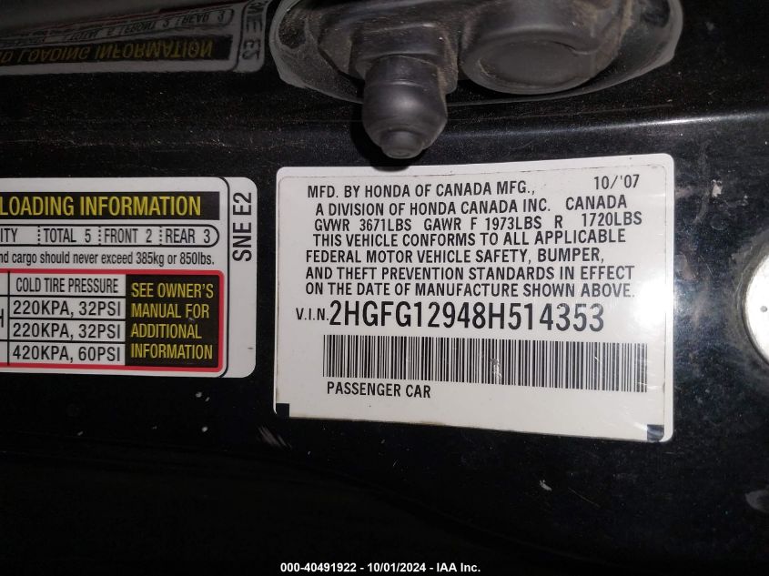 2HGFG12948H514353 2008 Honda Civic Ex-L