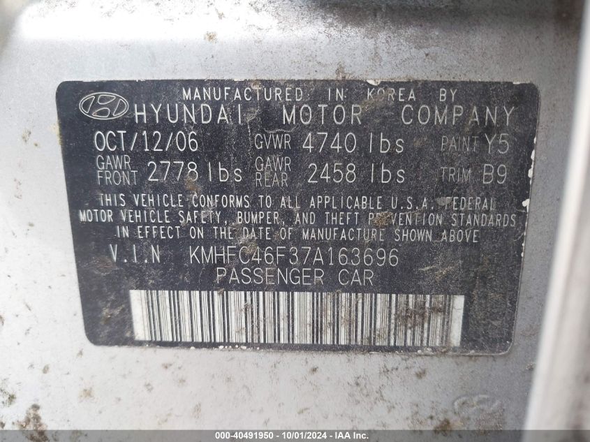 KMHFC46F37A163696 2007 Hyundai Azera Limited/Se