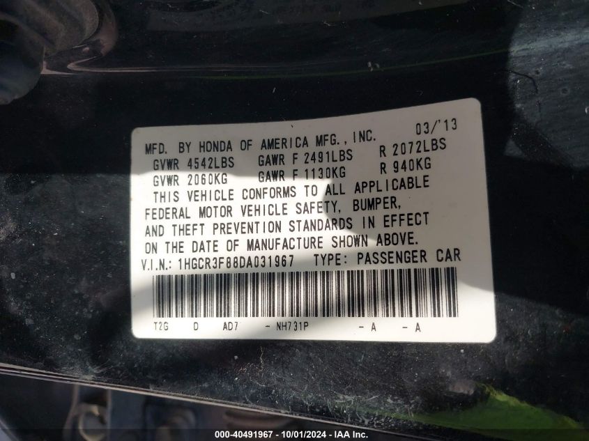 1HGCR3F88DA031967 2013 Honda Accord Ex-L V-6