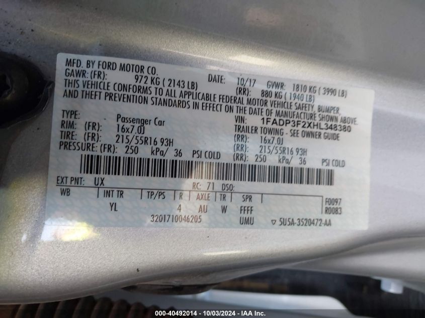 1FADP3F2XHL348380 2017 Ford Focus Se